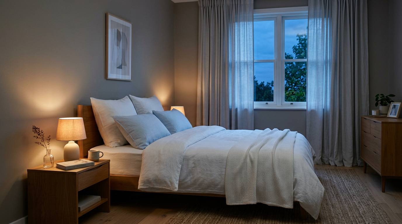 Ruhiges, abgedunkeltes Schlafzimmer in der Abenddämmerung mit ordentlich gemachtem Bett.
