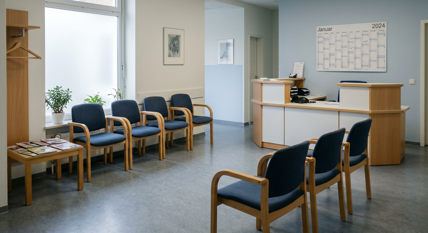 Leeres Wartezimmer einer Hausarztpraxis im Tageslicht – Sinnbild für weniger Termine durch das Spargesetz.